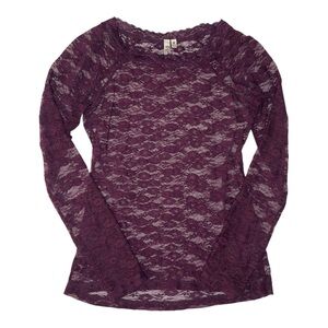 Mudd Women's Long Sleeve Lace Top - Deep Purple Burgundy Medium